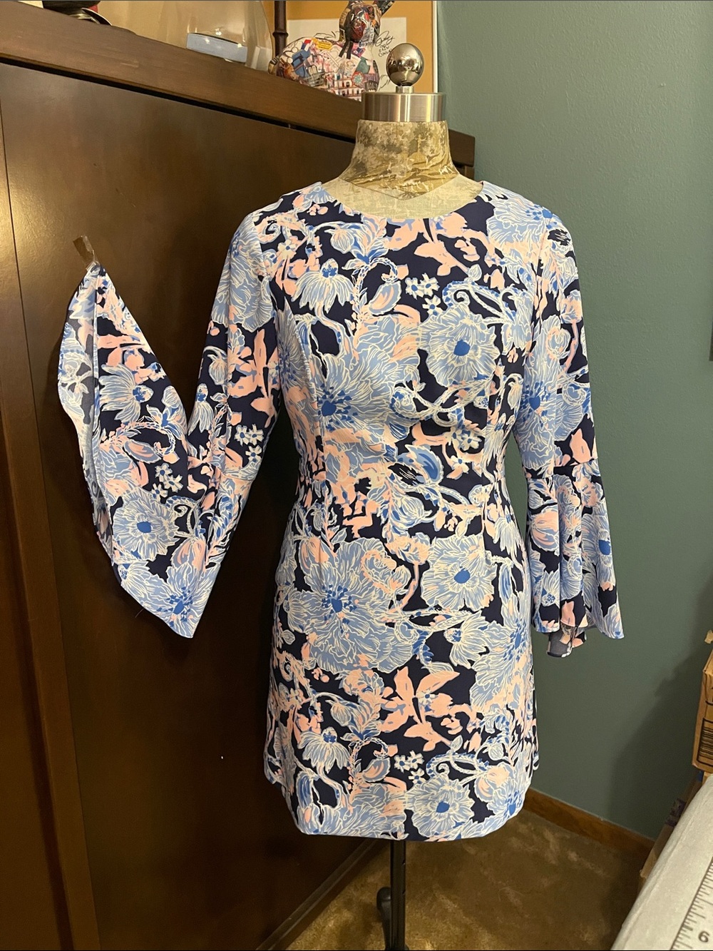 Lilly Pulitzer Navy Floral Bell-Sleeve Mini Dress with Pink & Light Blue Print